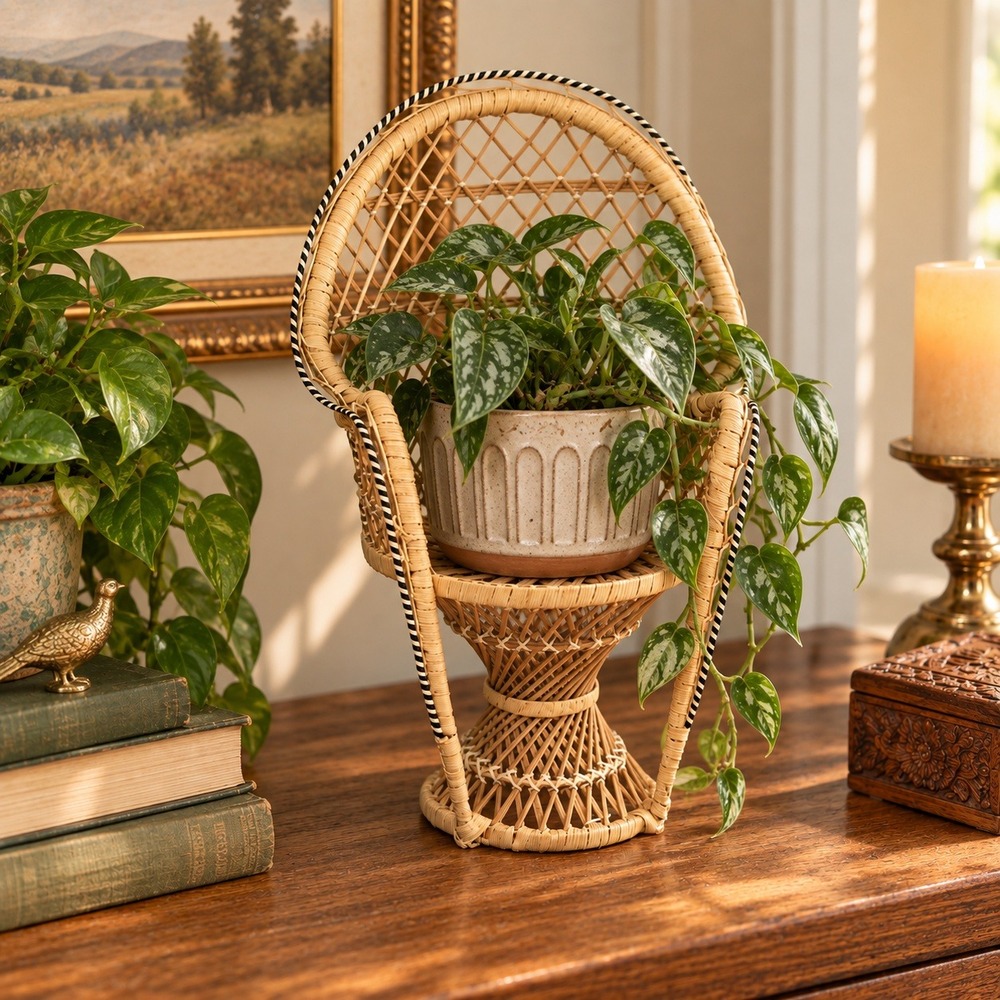 Vintage Miniature Peacock Chair Wicker Rattan Natural Tan Black White Trim 16in